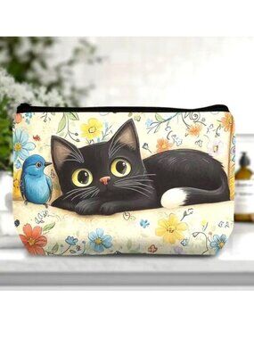 Cat & Bird Cosmetic Bag Makeup Black Flowers Clutch Pouch Travel Storage Kitty